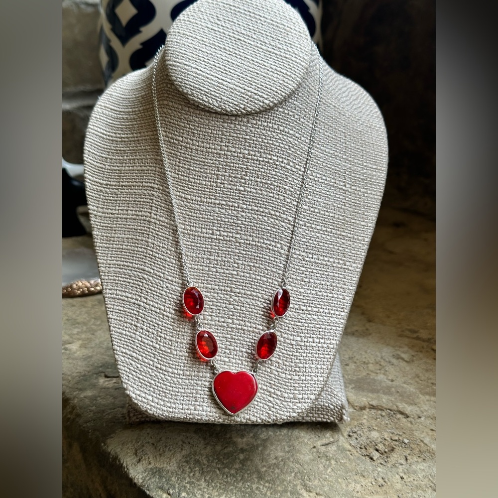 Silver Heart Red Coral Ruby Necklace